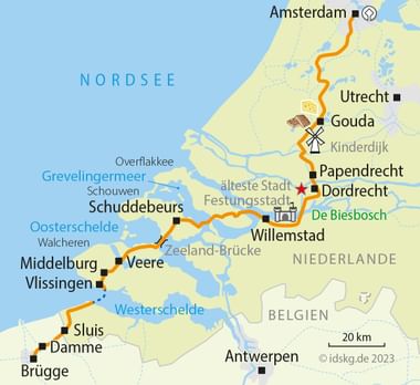 Fietskaart met oranje route van Brugge in België door Nederland naar Amsterdam, langs steden als Gouda, Utrecht, Dordrecht.