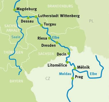 Kaart van fietsroute langs de Elbe van Maagdenburg naar Praag via Dessau, Lutherstadt Wittenberg, Torgau, Dresden en Decin.