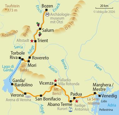 Kaart van fietsroute van Bozen naar Venetië via Italiaanse steden Trient, Verona, Vicenza en Padua, oranje gemarkeerd.