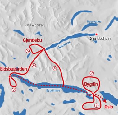 Reliëfkaart met wandelroute door Jotunheimen, Noorwegen. Rode lijnen verbinden Gjendebu, Eidsbugarden, Bygdin en Oslo. Blauwe meren: Gjende en Bygdin.