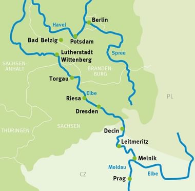 Kaart van fietsroute van Praag naar Berlijn langs de Elbe, via steden als Melnik, Dresden, Riesa, Torgau en Potsdam.