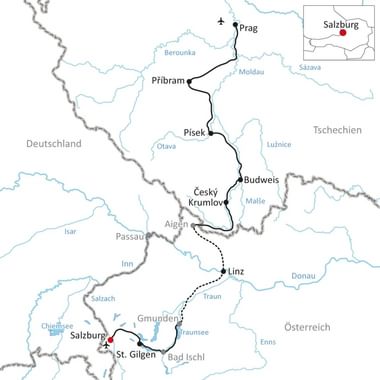 Kaart met fietsroute van Salzburg, Oostenrijk naar Praag, Tsjechië via St. Gilgen, Linz, Budweis, Pisek en Pribram met regionale grenzen.