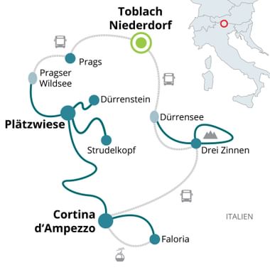 Routekaart met fietspad door de Dolomieten van Toblach naar Cortina d'Ampezzo via Drei Zinnen, Dürrensee en Plätzwiese.