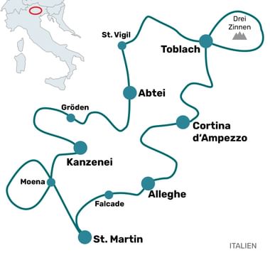 Routekaart met fietspad door de Dolomieten met stops in Toblach, St. Vigil, Abtei, Cortina d'Ampezzo, Alleghe, Moena en andere plaatsen.