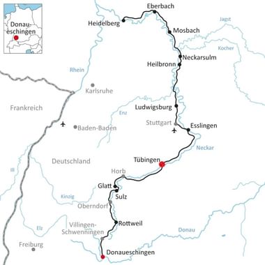 Kaart van de Neckar fietsroute van Donaueschingen naar Eberbach via steden als Tübingen, Stuttgart, Heilbronn, Heidelberg en Mosbach.
