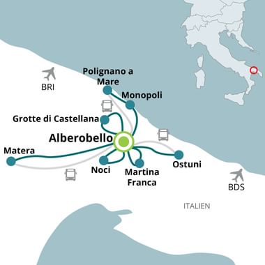 Reiskaart met sterreis routes vanuit Alberobello naar Matera, Ostuni, Monopoli, Polignano a Mare, Grotte di Castellana, Noci en Martina Franca.