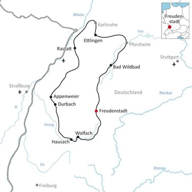 Zwarte Woud fietskaart met steden Kaart van het Zwarte Woud in Duitsland met fietsroutes en steden zoals Freudenstadt, Ettlingen, Bad Wildbad en Wolfach.