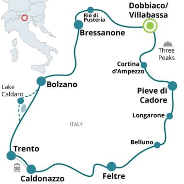 Kaart van een ronde fietsroute in de Dolomieten, Italië, die Dobbiaco/Villabassa, Cortina d'Ampezzo, Pieve di Cadore en Trento verbindt.