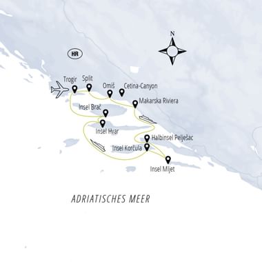 Kaart met route van Trogir door Kroatische eilanden waaronder Split, Brač, Hvar, Korčula en Mljet in de Adriatische Zee met kompasroos.