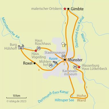 Kaart met stervormige fietsroute rond Münster met stops in Gimbte, Roxel en Hiltruper See. Oranje lijnen markeren de route met genummerde etappes.
