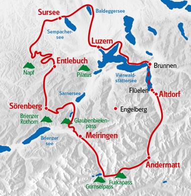 Topografische kaart met Route 1291 in rood gemarkeerd, die Zwitserse steden zoals Luzern, Entlebuch, Sörenberg, Meiringen en Andermatt verbindt.