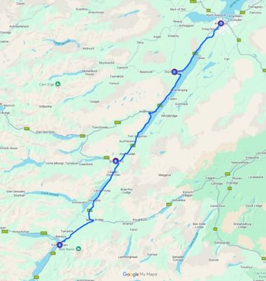 Kaart van de Great Glen Way fietsroute in Schotland van Fort William naar Inverness, gemarkeerd met een blauwe lijn door de Highlands.