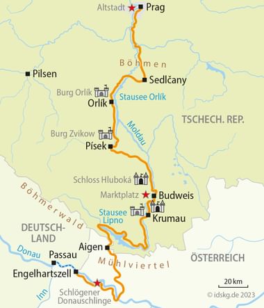 Fietskaart van de Moldau-route van Praag naar Passau door Tsjechië, Oostenrijk en Duitsland met gemarkeerde steden en bezienswaardigheden.