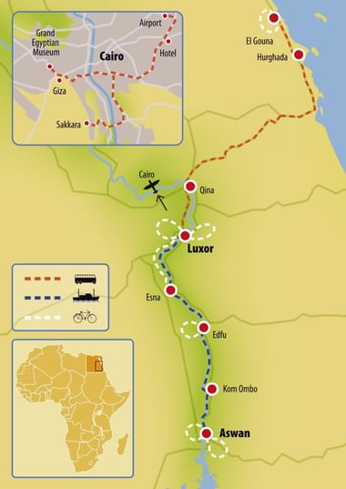 Kaart van Egypte-route van Caïro naar Aswan langs de Nijl. Rode stippellijnen tonen busroutes, blauwe boot, witte fiets.