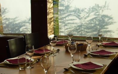 Restauranttafel gedekt met bordeauxrode servetten, wijnglazen en couverts aan boord van MS Ave Maria. Grote ramen tonen tropische vegetatie.