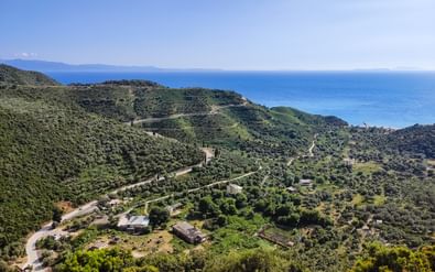 Luchtfoto van het Albanese kustpad dat door groene heuvels kronkelt met de blauwe zee op de achtergrond en verspreide gebouwen.