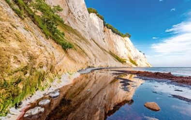 Witte krijtrotsen van Møns Klint met groene begroeiing bovenop, weerspiegeld in ondiep water op het strand. Blauwe lucht boven de Oostzee.