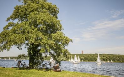 Fietsers rusten onder een grote boom aan de Havel met zeilboten op het water en een toren zichtbaar in de verte in Berlijn-Spandau.