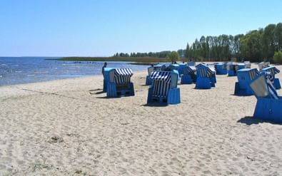 Blauw-wit gestreepte strandkuipen verspreid over zandstrand bij Szczecin Lagune met kalm water en groene bomen op de achtergrond.