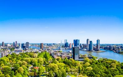 Luchtfoto van Rotterdam skyline met moderne wolkenkrabbers, de iconische Erasmusbrug over de rivier en groen parklandschap op de voorgrond.