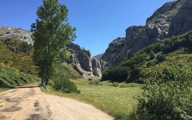 Onverharde weg kronkelt door groene vallei in Asturië met dramatische kalkstenen kliffen aan beide zijden en blauwe lucht.