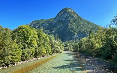 Heldere Saalach rivier stroomt door groen bos met de markante Müllner Horn berg op de achtergrond onder blauwe hemel.