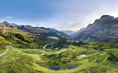 Panoramisch uitzicht op Grosse Scheidegg bergpas met kronkelende weg door groene alpenvallei, omringd door dramatische pieken en bossen.