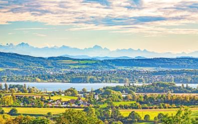 Panoramisch uitzicht op Bodenmeer Untersee met groene velden, dorpen en de Alpen in de verte onder een bewolkte hemel.