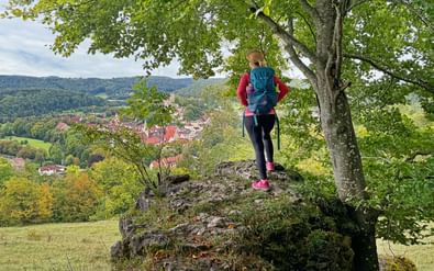 Vrouwelijke wandelaar met rugzak op rotsuitstulping onder grote boom, uitkijkend over Pappenheim in groene vallei.