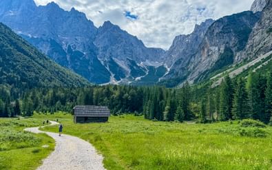 Kronkelend grindpad door groene weide in Krnica vallei met houten hut, dicht bos en dramatische toppen van de Julische Alpen.