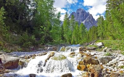 Bergbeek stroomt over rotsen door bos met de iconische Drei Zinnen pieken zichtbaar op de achtergrond onder blauwe lucht met wolken.