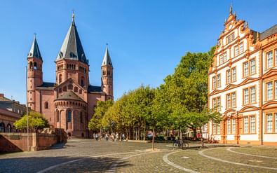 Dom van Mainz met rode zandstenen torens naast een geplaveide plein. Een oranje barok gebouw staat rechts, groene bomen omzomen het plein.
