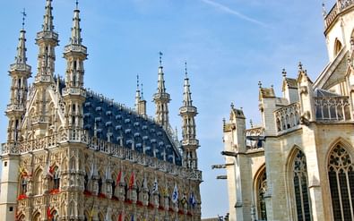 Gotisch stadhuis in Leuven met sierlijke torens en blauw leien dak naast gotische kerk met spitsbogen onder blauwe hemel.
