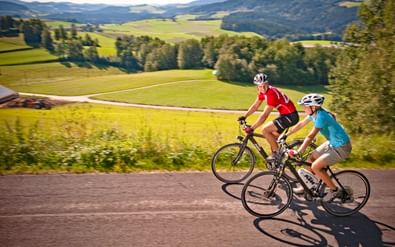 Twee fietsers in rode en turquoise shirts rijden over asfaltweg door groene heuvels en velden in het Mühlviertel.