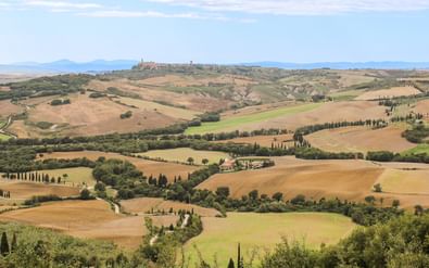 Glooiende heuvels van het Toscaanse platteland met gouden velden, cipressen en een bergstadje in de verte onder blauwe lucht met wolken.