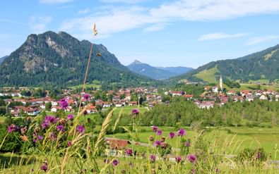 Panoramisch uitzicht op het dorp Pfronten in groene Alpenvallei met paarse wilde bloemen op de voorgrond en beboste bergen.