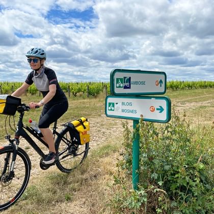 Cyclist in front of signpost