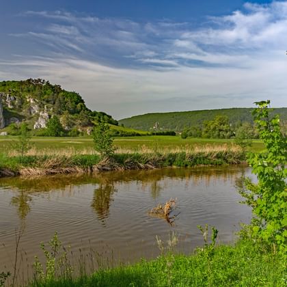 Rivier door Dollnstein Natuurpark met kalkstenen kliffen, groene weiden en beboste heuvels onder bewolkte hemel.