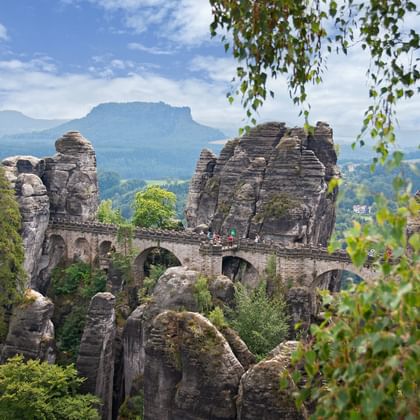 De beroemde Bastei-brug die zich uitstrekt tussen torenhoge zandstenen rotsformaties in Saksisch Zwitserland, omgeven door weelderig groen bos.