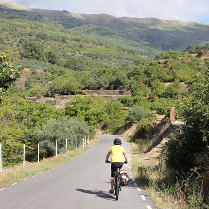 Fietser in geel shirt rijdt op geasfalteerde weg door heuvelachtig landschap bij Arandilla de la Vera, Extremadura, met groene bergen op de achtergrond.
