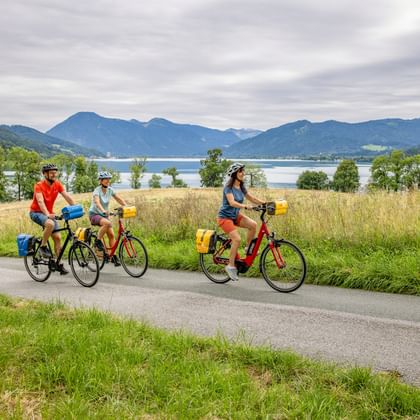 Drie fietsers met gele fietstassen rijden op verhard pad langs Tegernsee, met bergen en bewolkte lucht op de achtergrond.