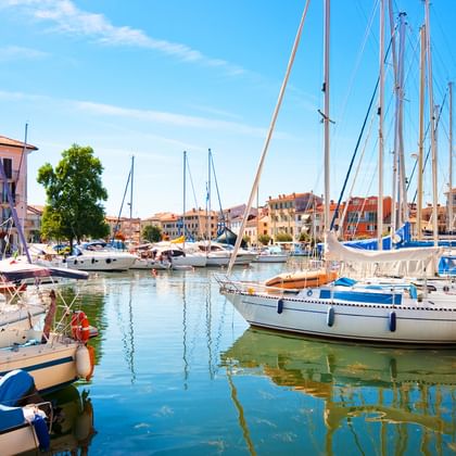 Marina in Grado met witte zeilboten aangemeerd in de haven. Kleurrijke mediterrane gebouwen langs de waterkant onder een blauwe hemel.