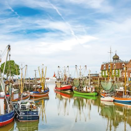 Kleurrijke vissersboten afgemeerd in een rustige haven met traditionele bakstenen gebouwen en een vuurtoren op de achtergrond onder een bewolkte hemel.