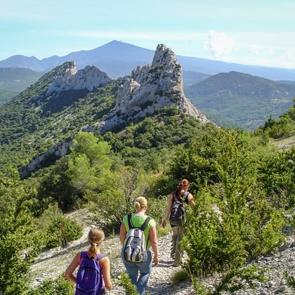 Drie wandelaars met rugzakken lopen op een rotsachtig pad in de Provence, met dramatische kalkstenen pieken en beboste bergen op de achtergrond.