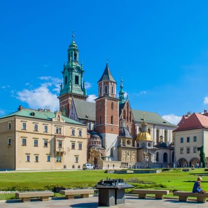 Wawel-kathedraal met kenmerkende torens en gouden koepel in Krakau, omringd door historische gebouwen en groen gazon onder blauwe lucht.