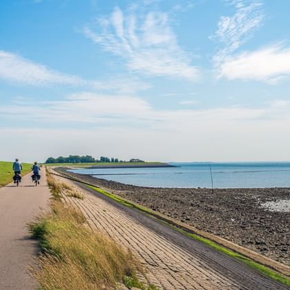 Twee fietsers op een geasfalteerd kustpad in Zeeland, Nederland. Groene velden links, rotsachtige kustlijn en blauwe zee rechts.