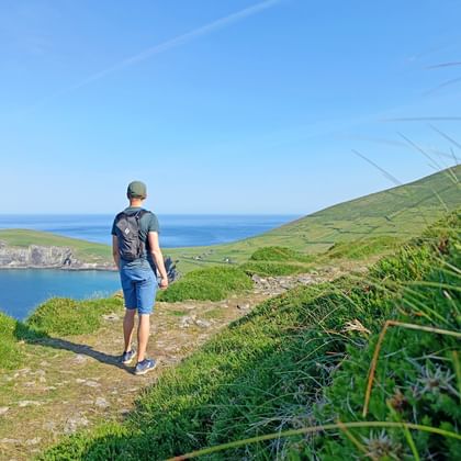 Wandelaar met rugzak lopend op grasachtig kustpad met uitzicht op blauwe oceaan en groene heuvels op Dingle Way in Ierland.
