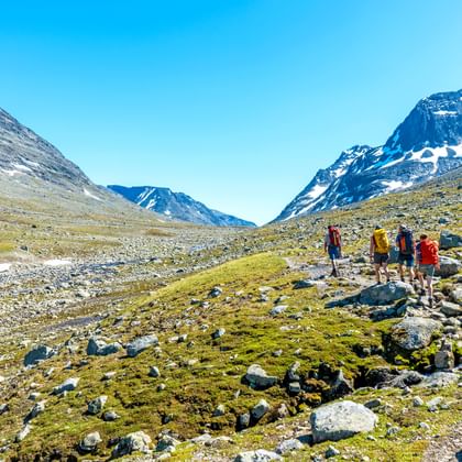 Vier wandelaars met rugzakken lopen door Svartdalen Valley in Jotunheimen Nationaal Park, omringd door besneeuwde bergen.
