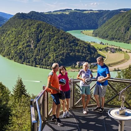 Vier fietsers op uitkijkplatform met uitzicht op de Schlögener Schlinge, een dramatische rivierbocht met beboste heuvels en turquoise Donauwater.