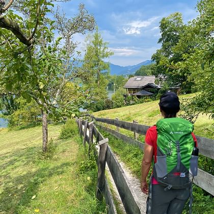 Wandelaar met groene rugzak op houten omheind pad door Oostenrijks landschap met appelbomen, weiden en bergen op de achtergrond.